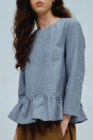 Afternoon Peplum Blouse in Blue Stripe