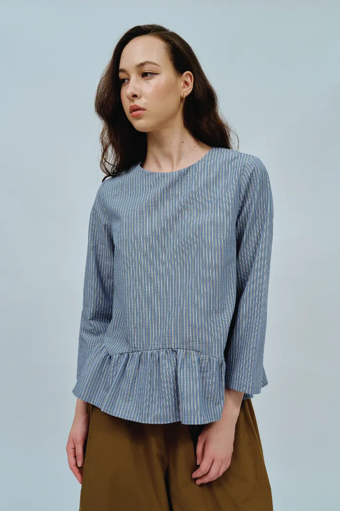 Afternoon Peplum Blouse in Blue Stripe
