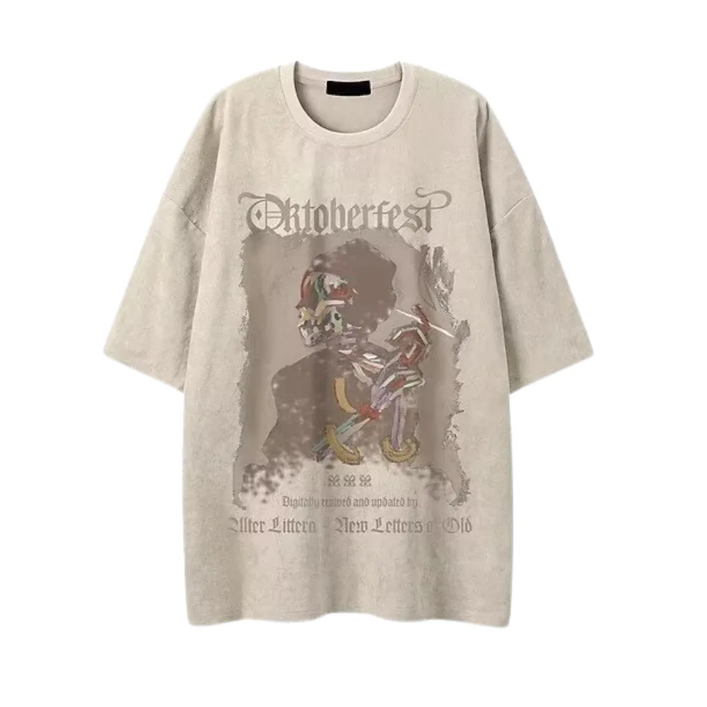 American Skull Print Suede T-Shirt