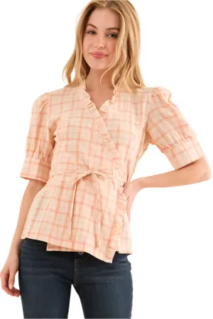 And The Why Plaid Patterned and Ruffled Wrap Blouse Top