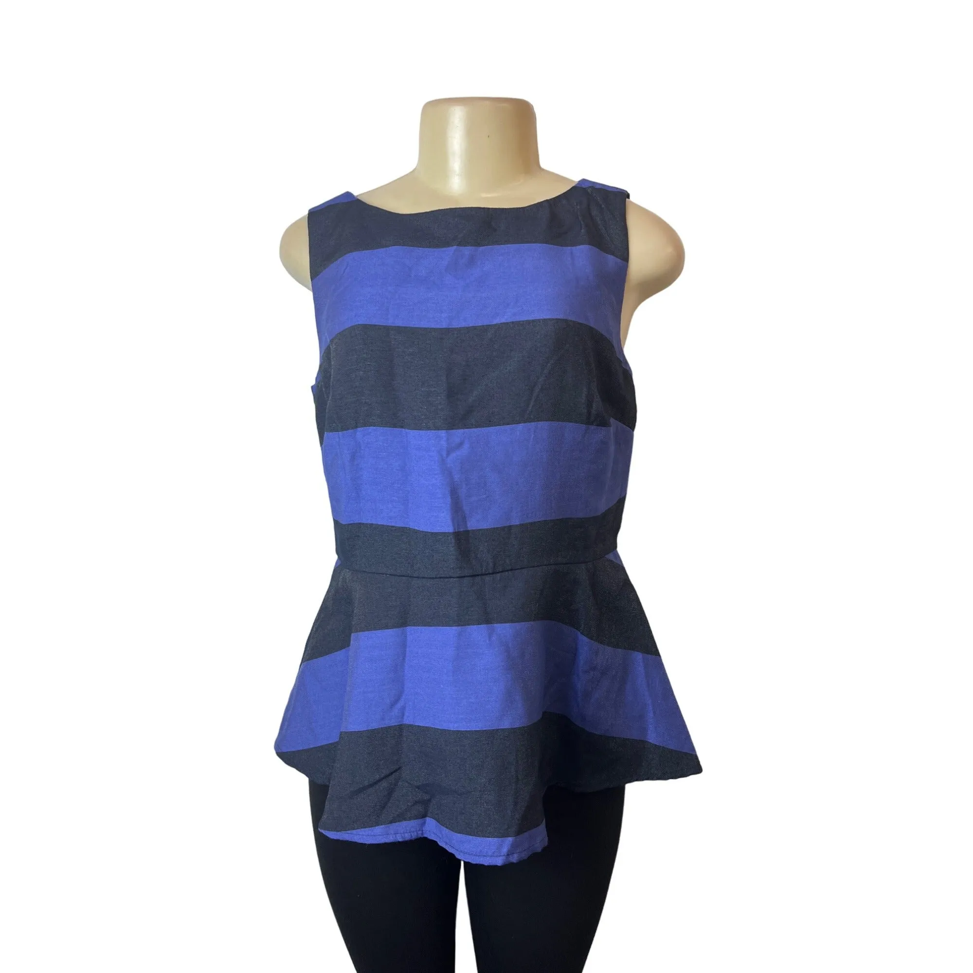 Banana Republic Women's Balck & Blue Striped Sleeveless Peplum Shirt Sz 6