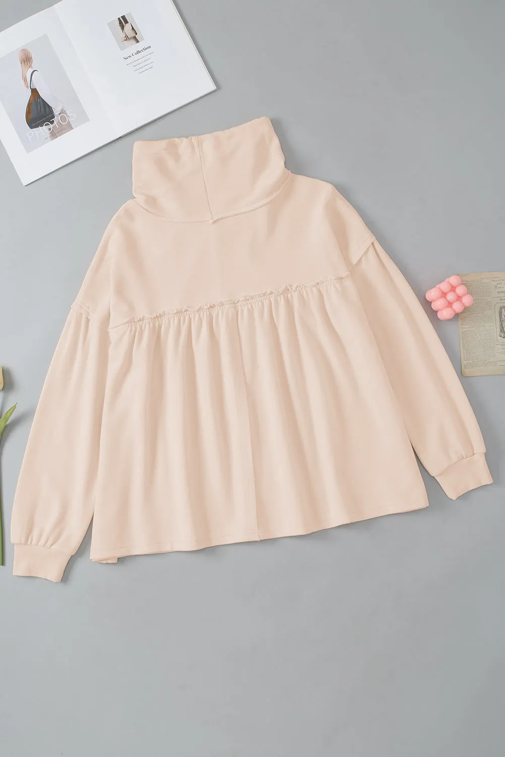 Beige Frill Exposed Seam Cowl Neck Oversized Sweatshirt
