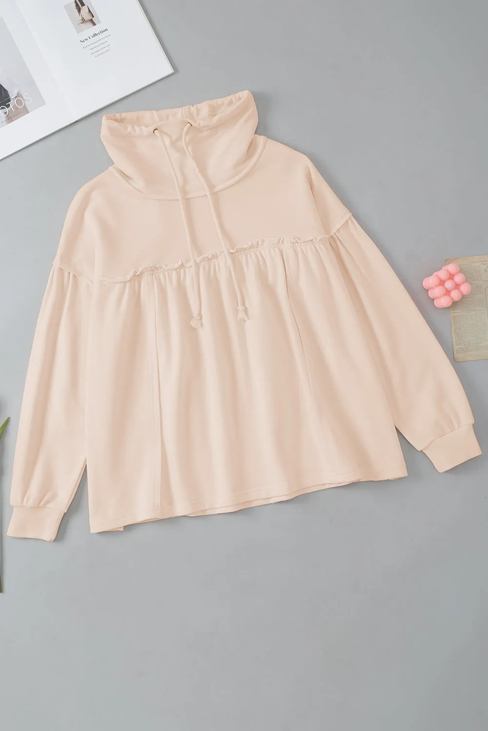 Beige Frill Exposed Seam Cowl Neck Oversized Sweatshirt