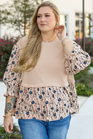 Beige Waffle Floral Patchwork Short Flounce Sleeve Peplum Blouse