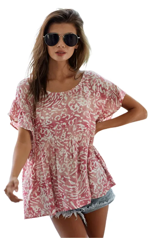BiBi Leopard Print Gauze Woven Flutter Sleeve Blouse