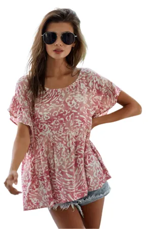 BiBi Leopard Print Gauze Woven Flutter Sleeve Blouse