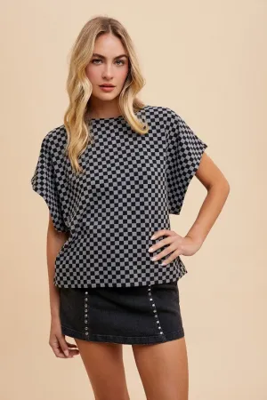 Black Checkered Round Neck Short Sleeve T-Shirt