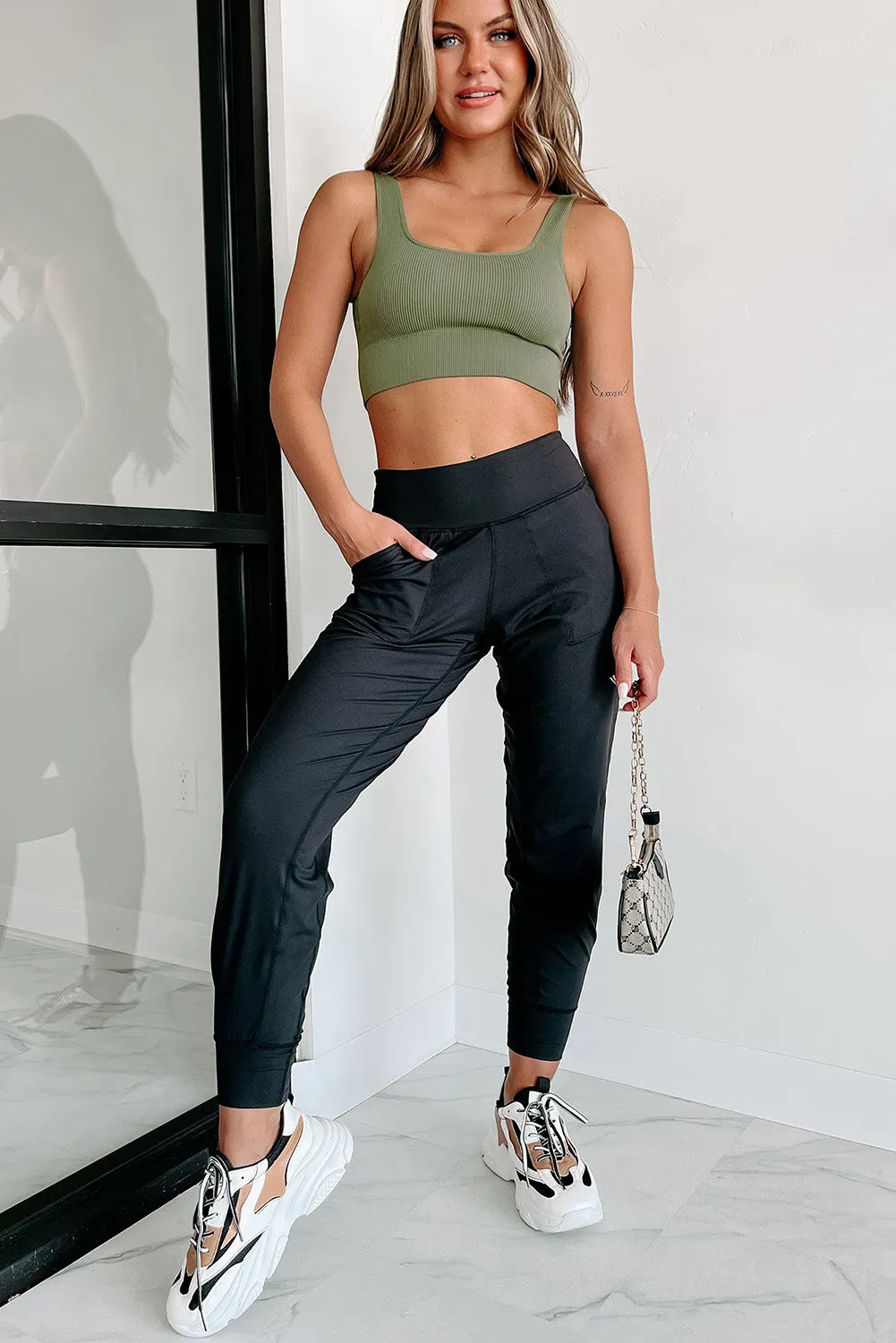 Black Exposed Seam Pocketed High Waist Jogger Pants