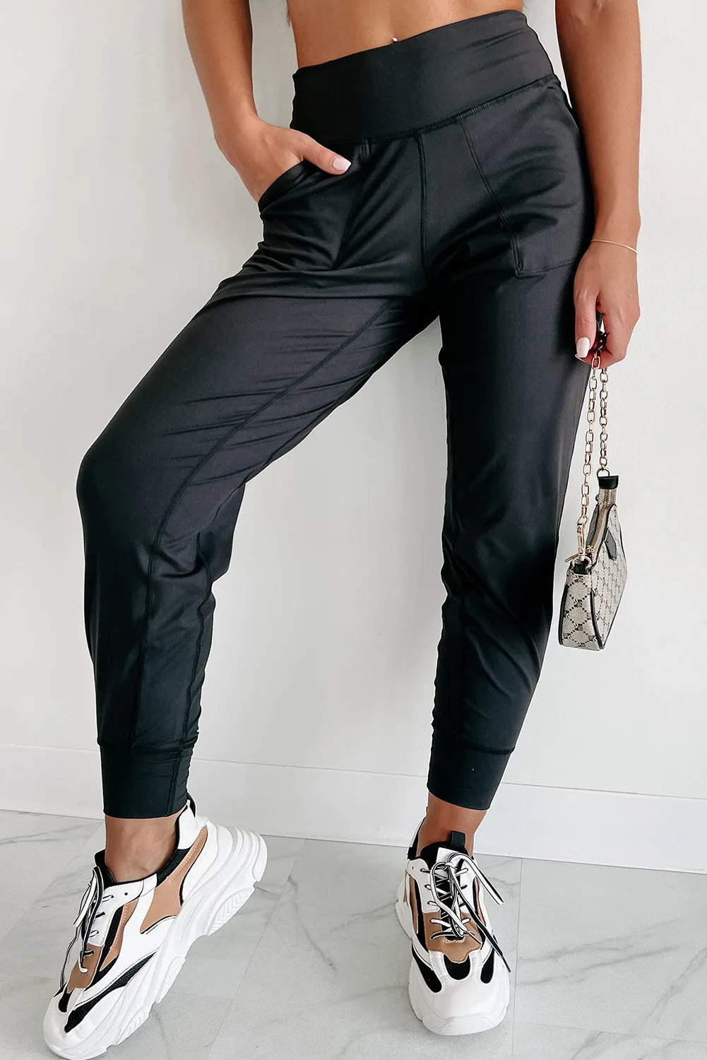 Black Exposed Seam Pocketed High Waist Jogger Pants