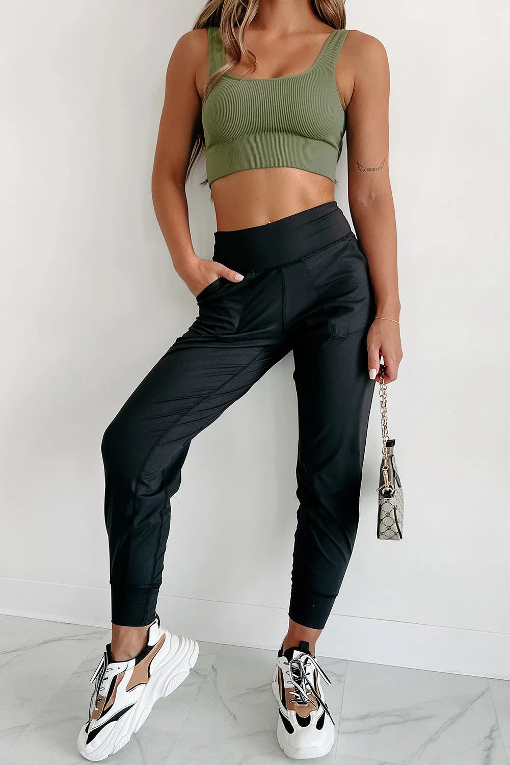 Black Exposed Seam Pocketed High Waist Jogger Pants