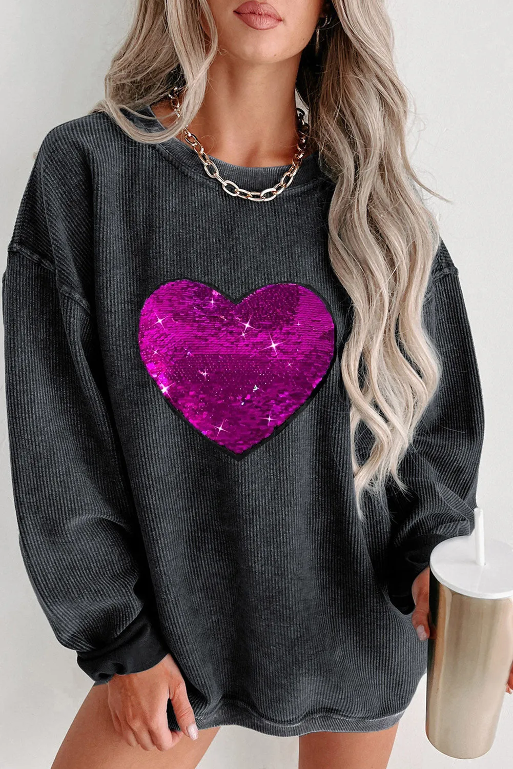 Black Two Tone Sequined Corded Oversized Sweatshirt