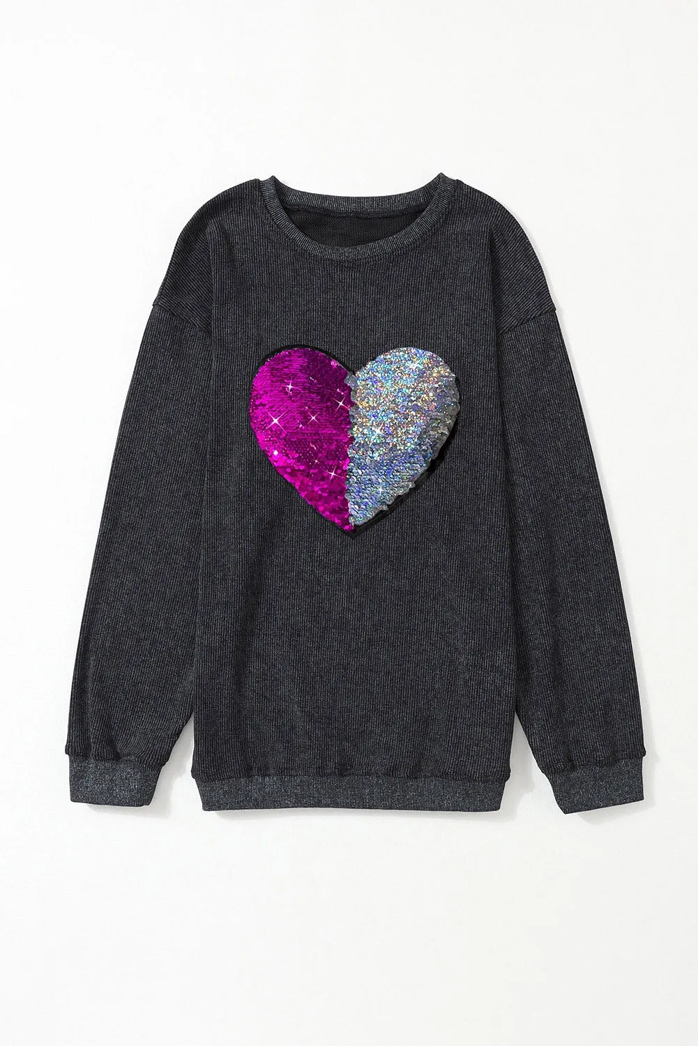 Black Two Tone Sequined Corded Oversized Sweatshirt