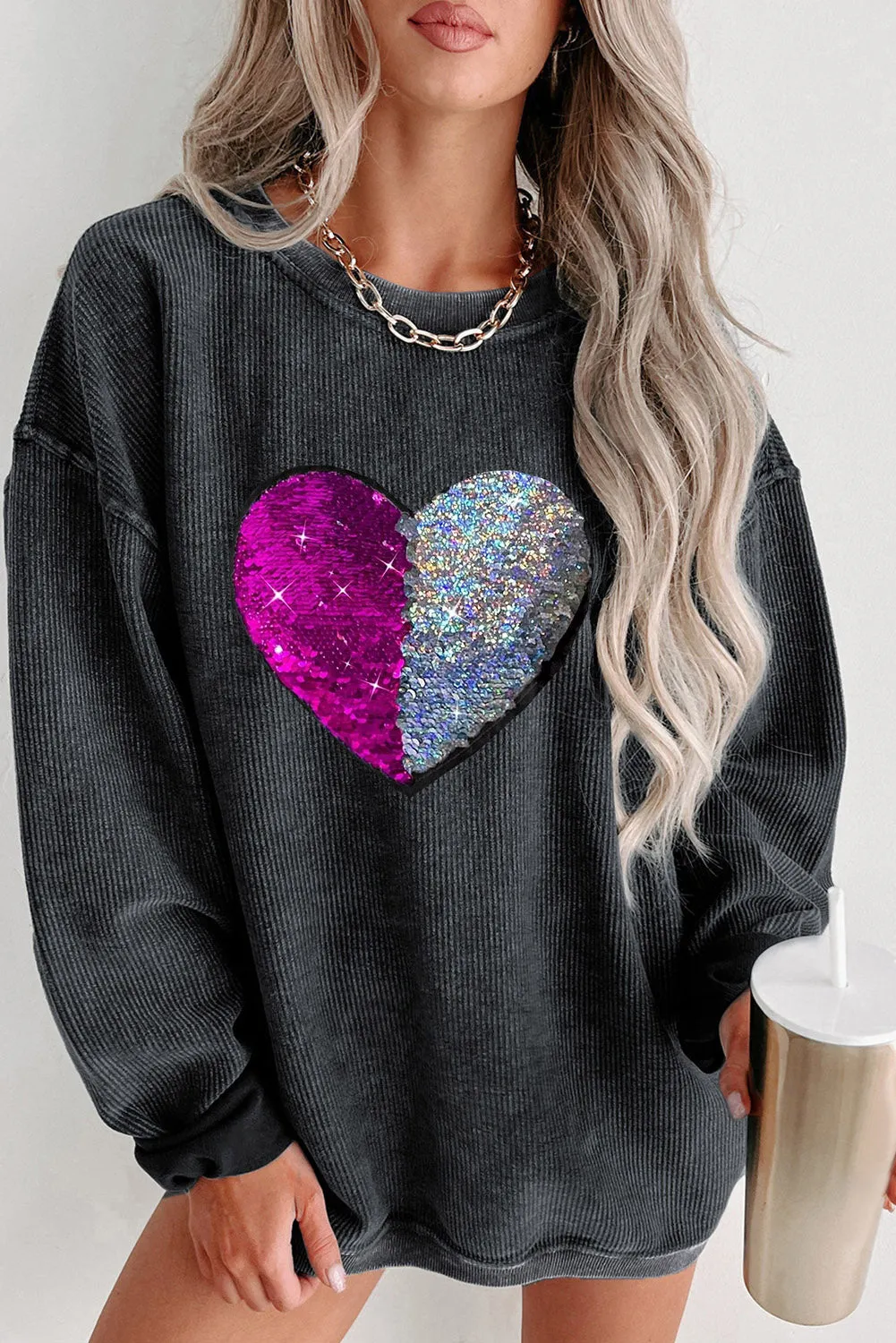 Black Two Tone Sequined Corded Oversized Sweatshirt