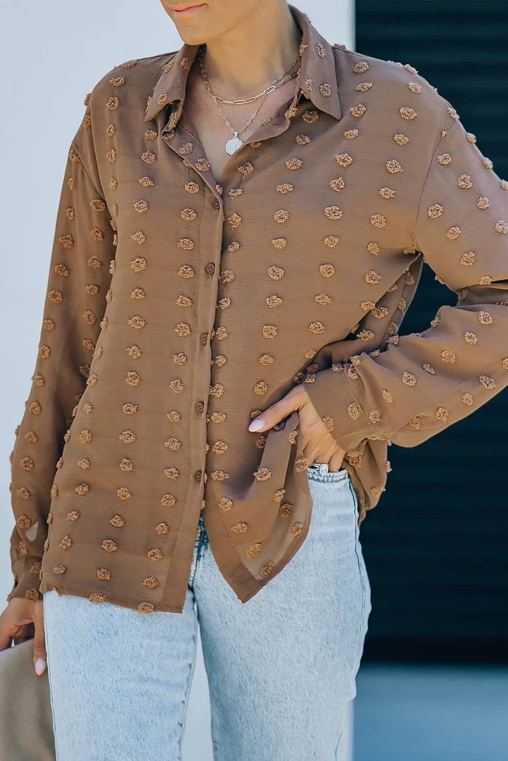 Brown Long Sleeve Button Fuzzy Polka Dot Shirt