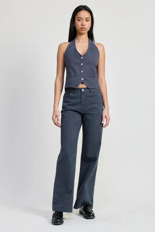 BUTTON UP HALTER NECK TOP