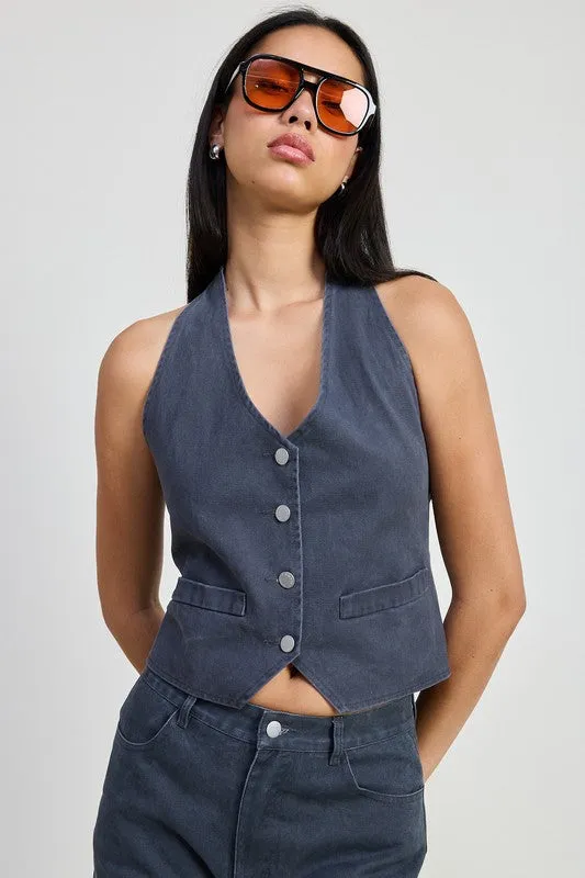 BUTTON UP HALTER NECK TOP