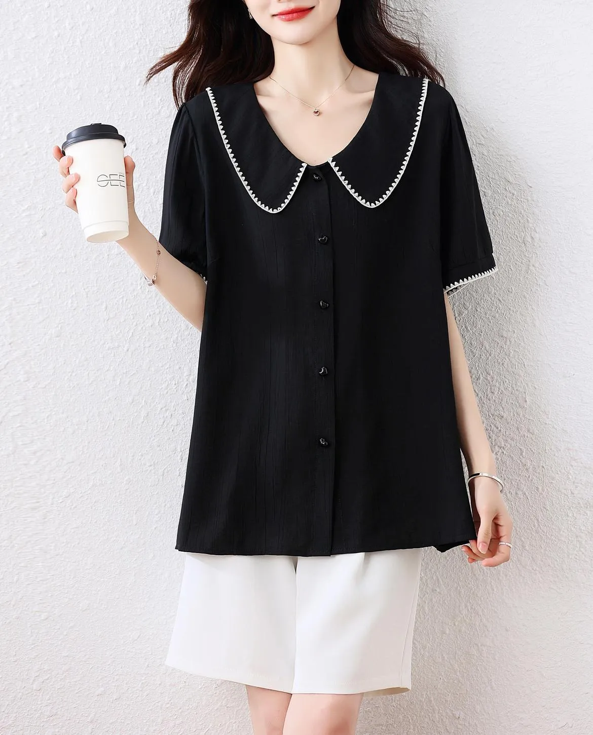 Button-Up Women's Blouse with Slimming Features and Contrast Trim
