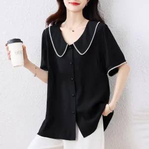 Button-Up Women's Blouse with Slimming Features and Contrast Trim