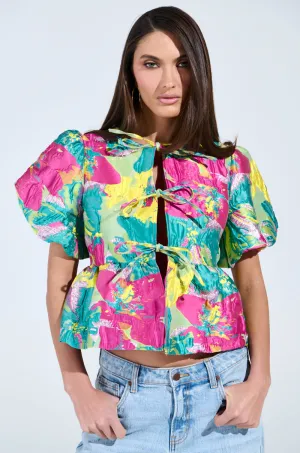 CARIBBEAN VIBES BROCADE TIE FRONT BLOUSE