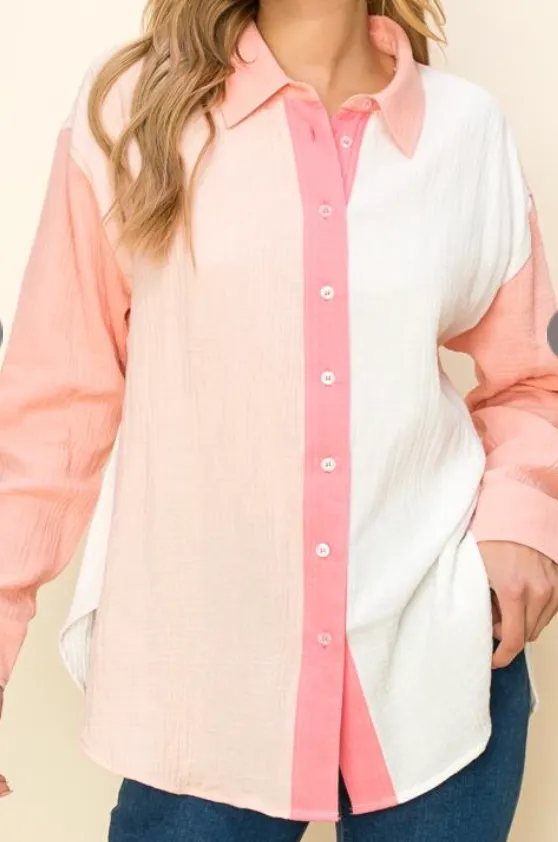 Color Block Gauze Button Up Top - Final Sale