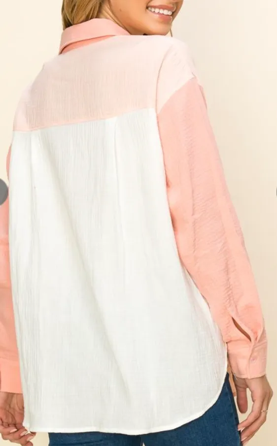 Color Block Gauze Button Up Top - Final Sale