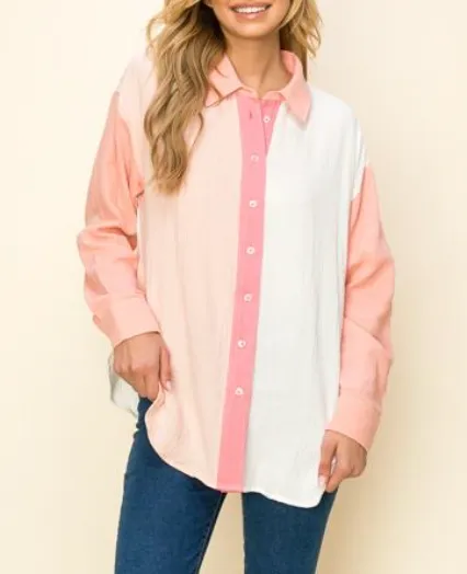 Color Block Gauze Button Up Top - Final Sale