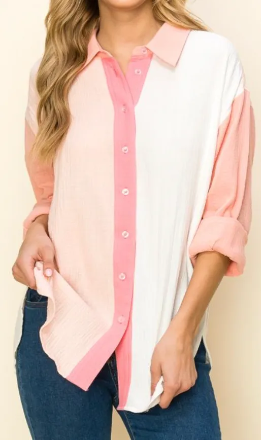 Color Block Gauze Button Up Top - Final Sale