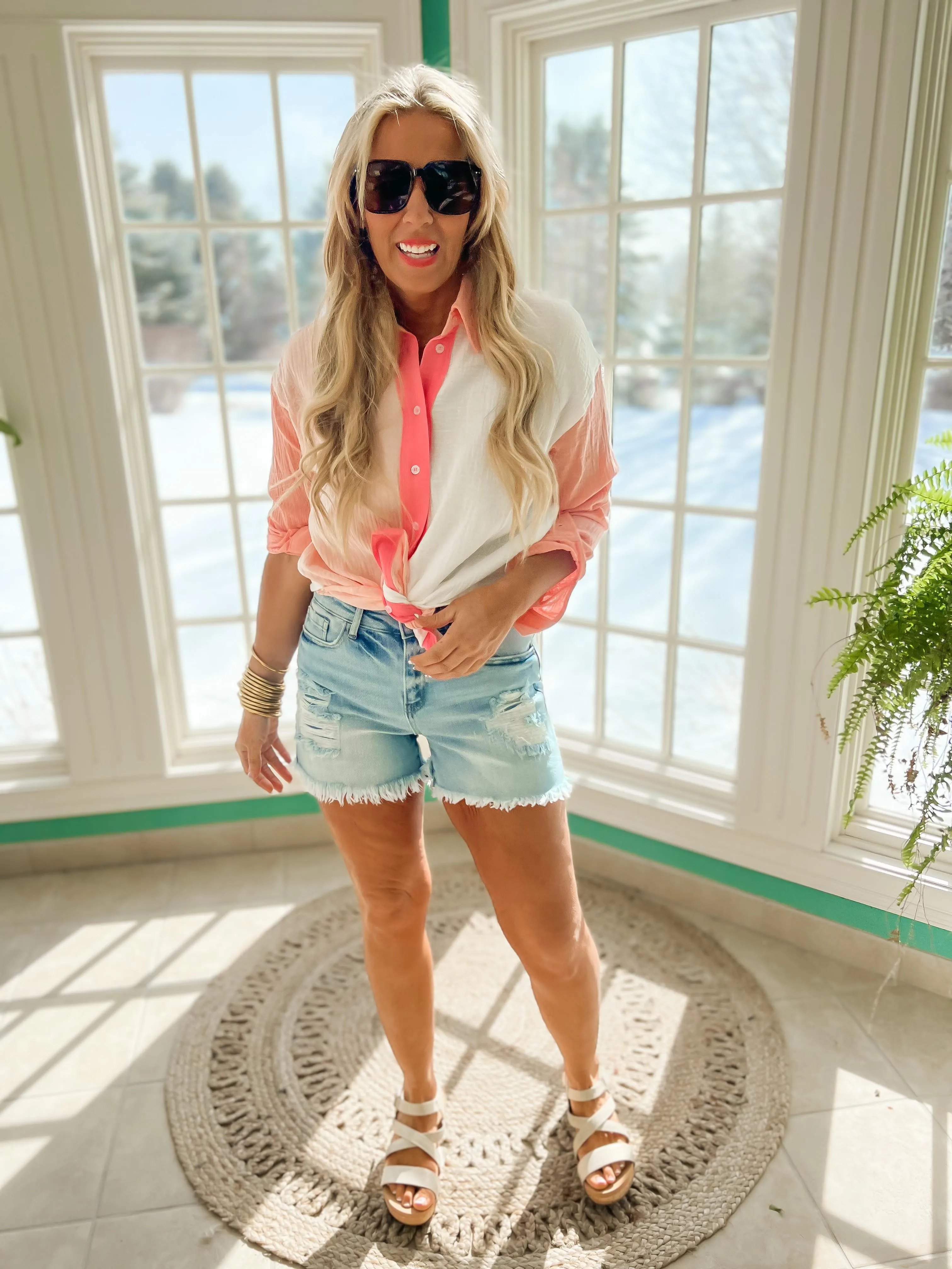 Color Block Gauze Button Up Top - Final Sale