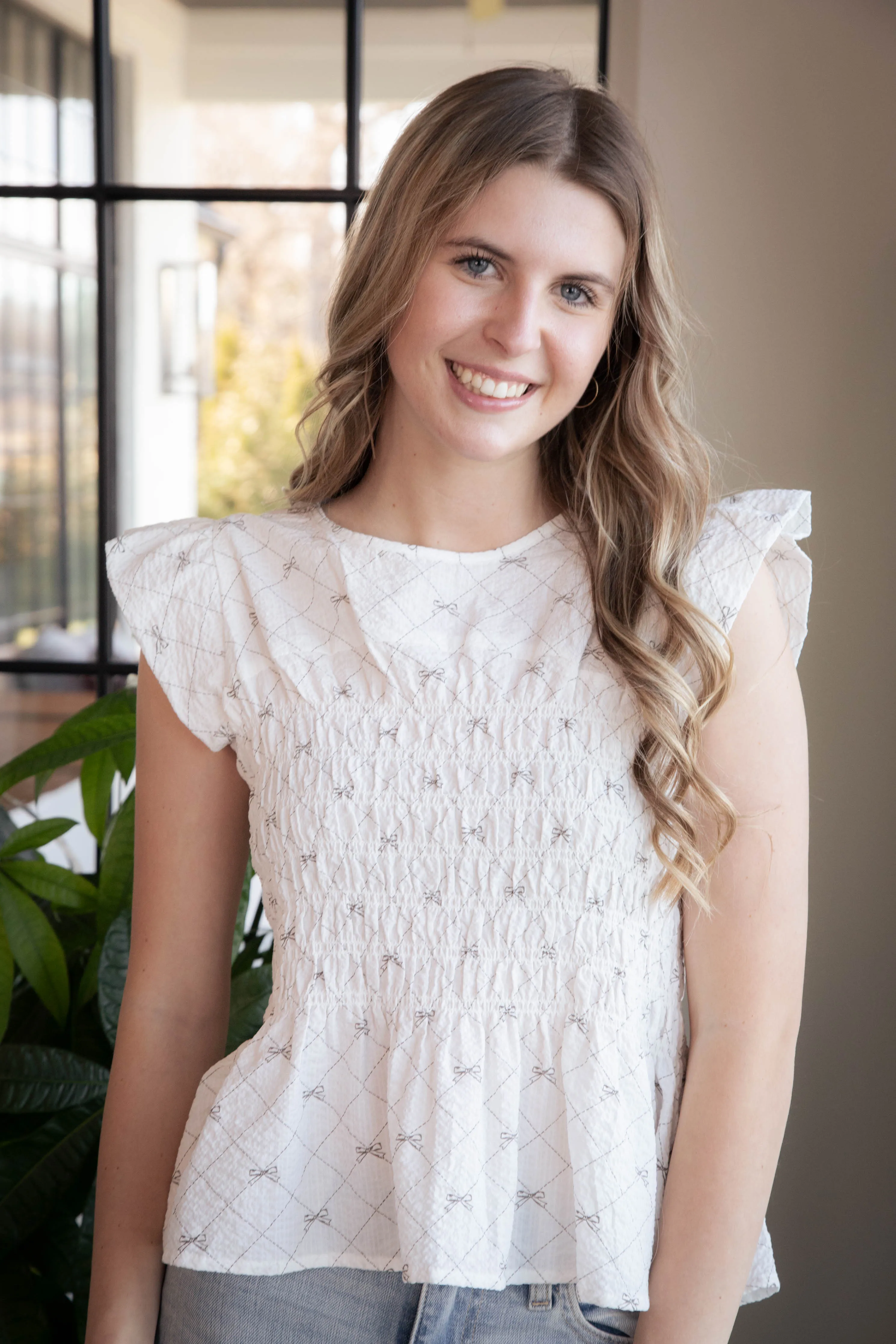 Dixie Ribbon Print Peplum Top, Off White