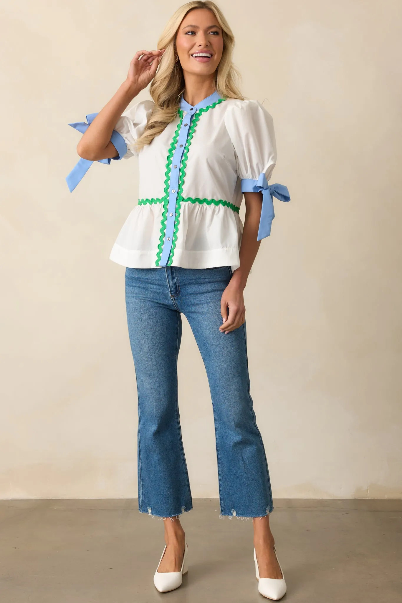 Easy Breezy Ivory Button Front Puff Sleeve Top