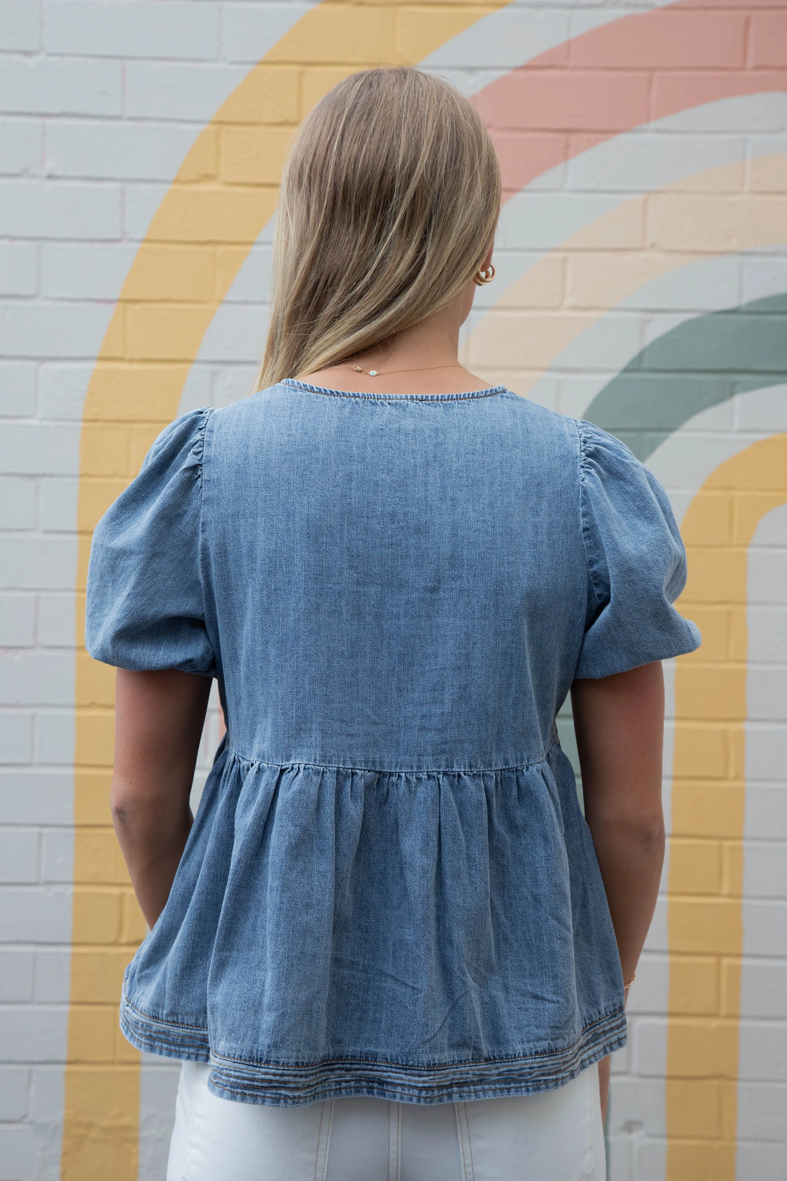 Elaina Puff Sleeve Peplum Blouse, Denim Blue