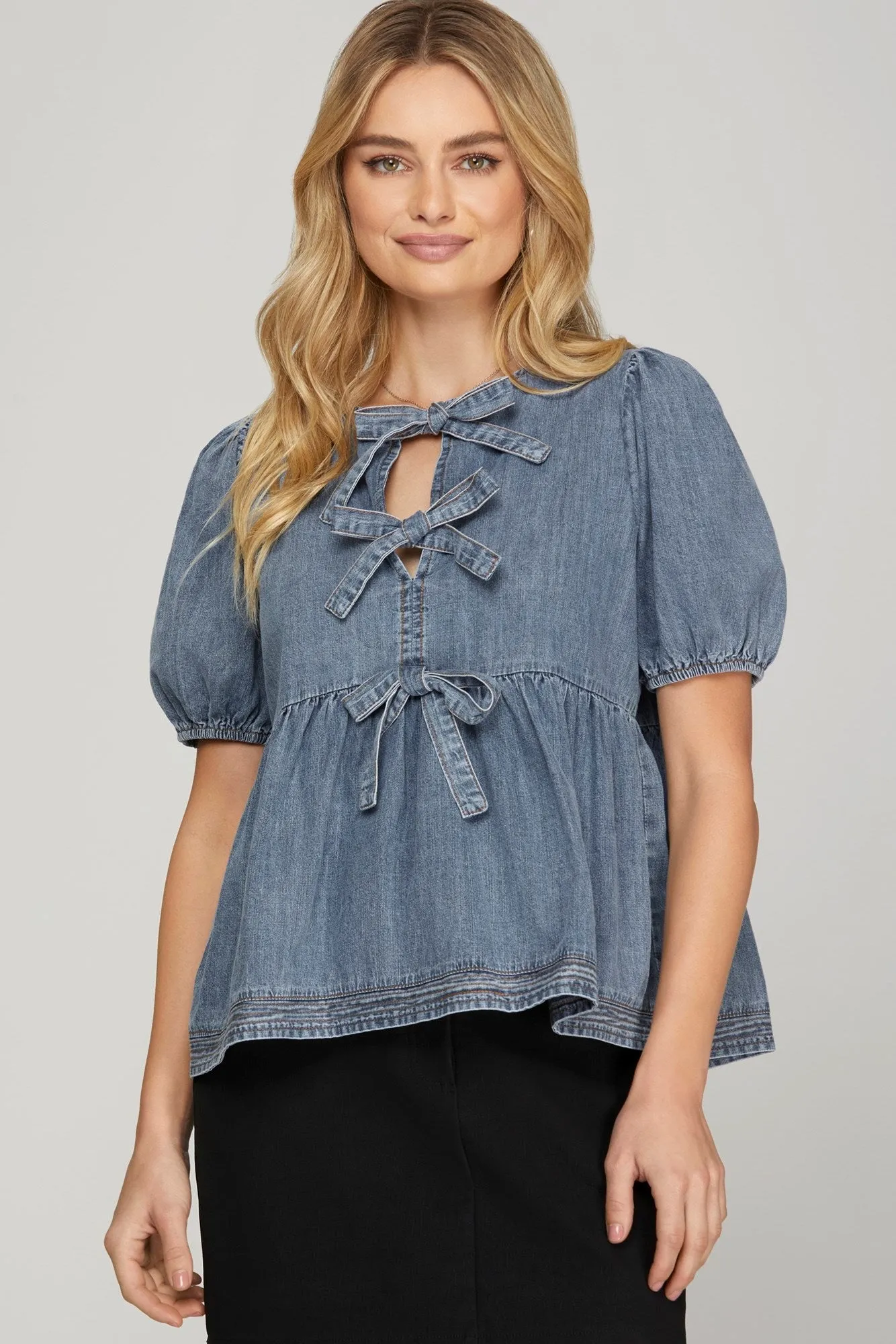 Elaina Puff Sleeve Peplum Blouse, Denim Blue
