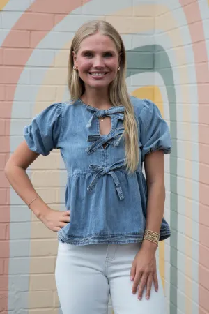 Elaina Puff Sleeve Peplum Blouse, Denim Blue