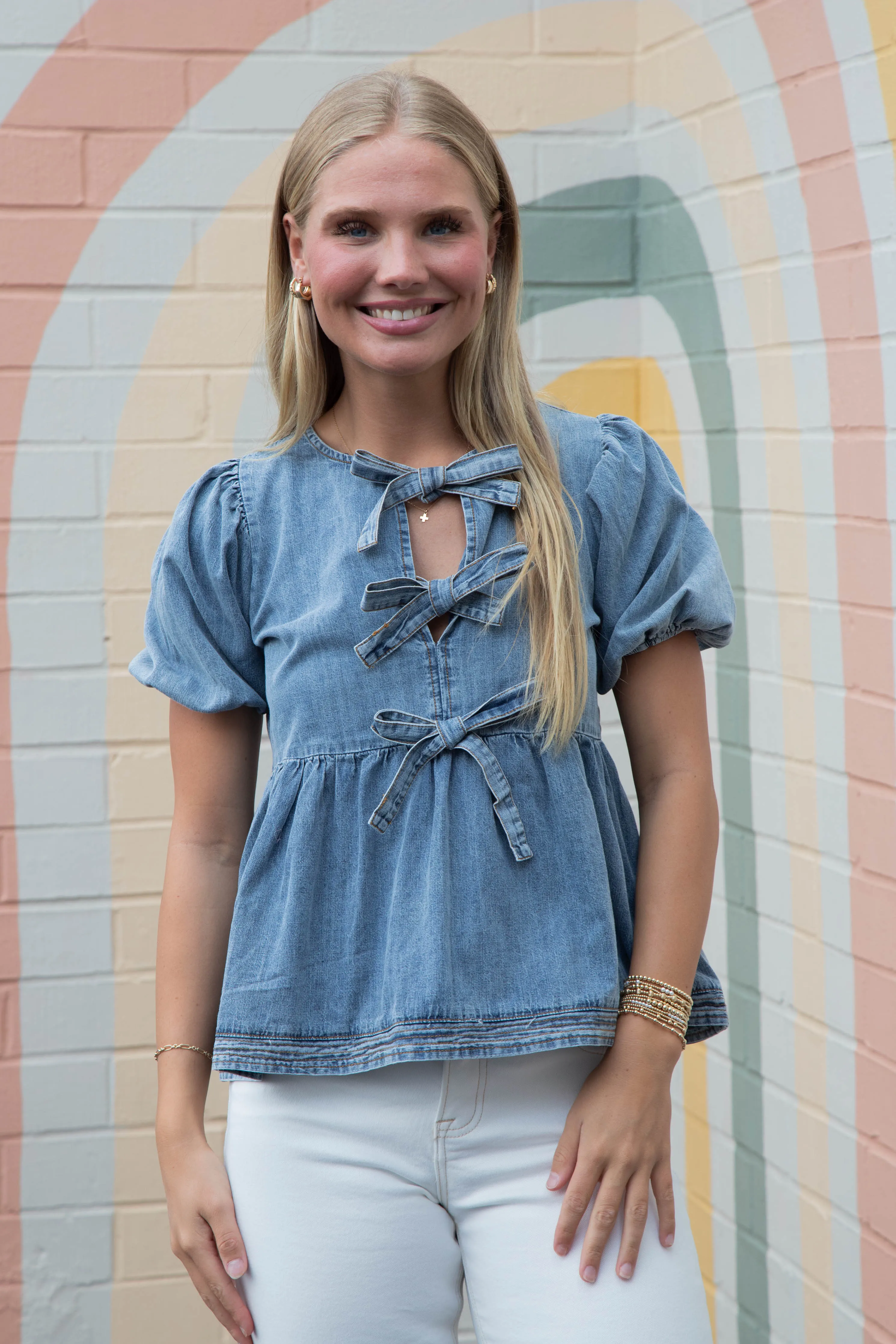 Elaina Puff Sleeve Peplum Blouse, Denim Blue