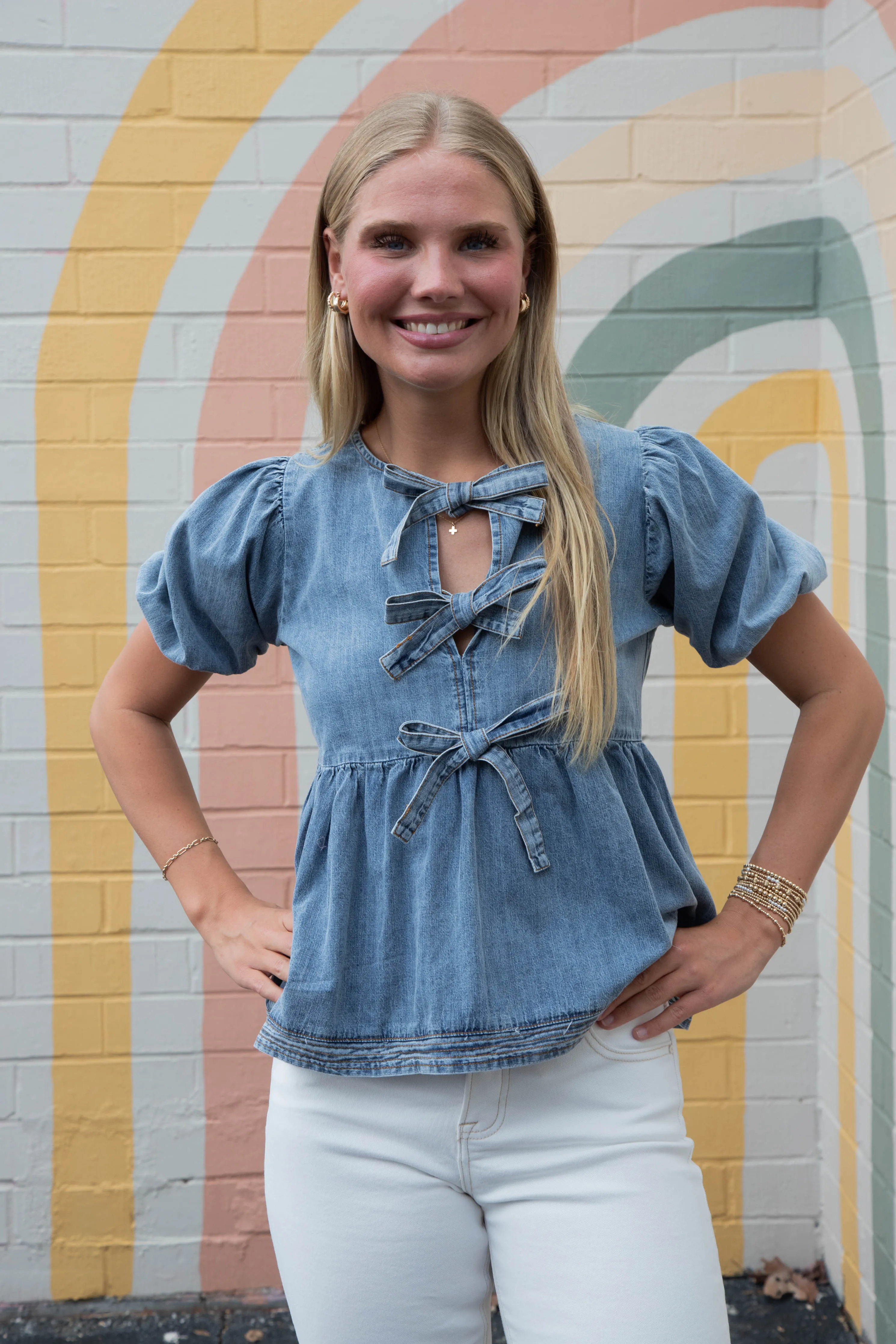 Elaina Puff Sleeve Peplum Blouse, Denim Blue