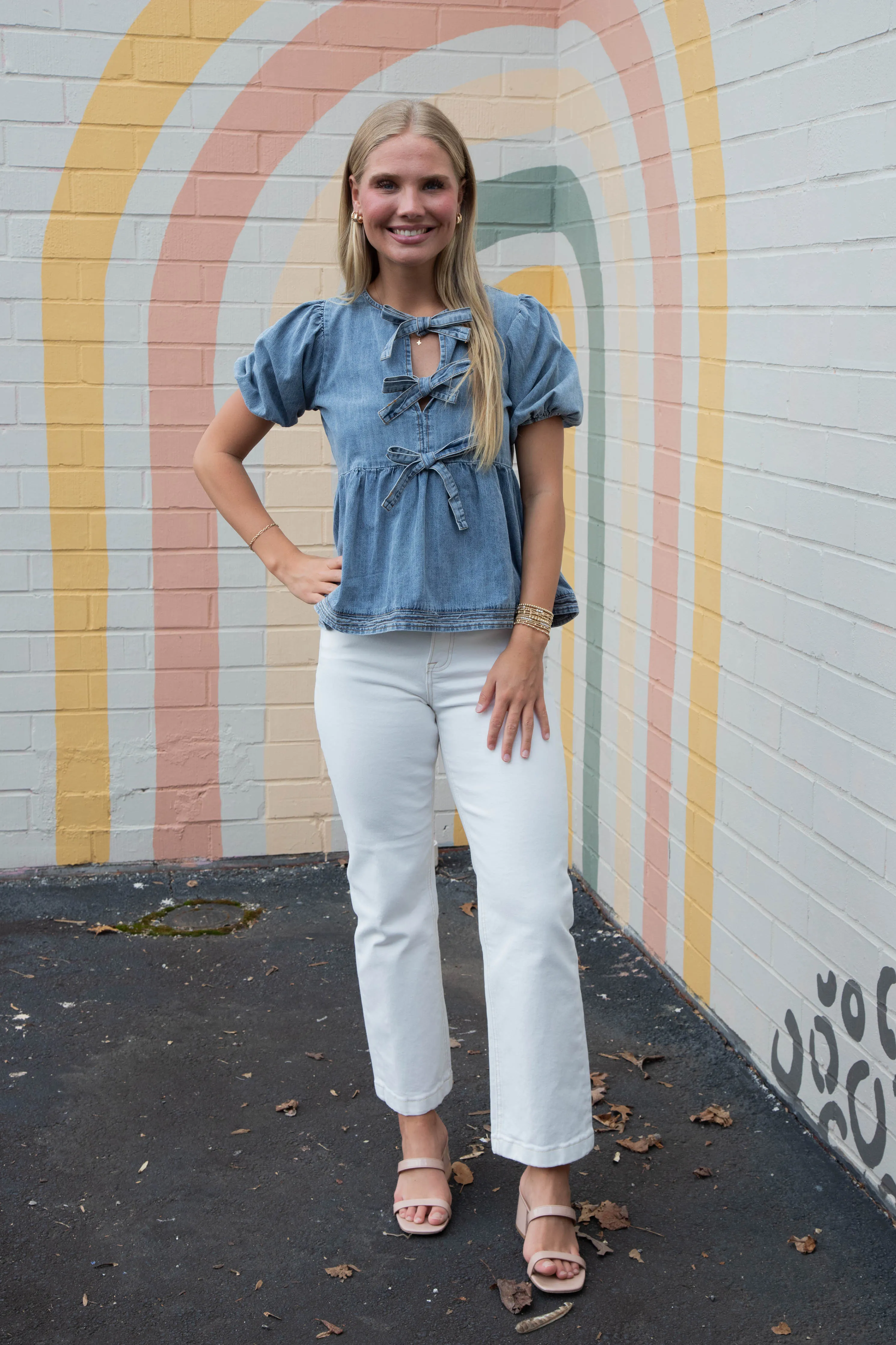 Elaina Puff Sleeve Peplum Blouse, Denim Blue