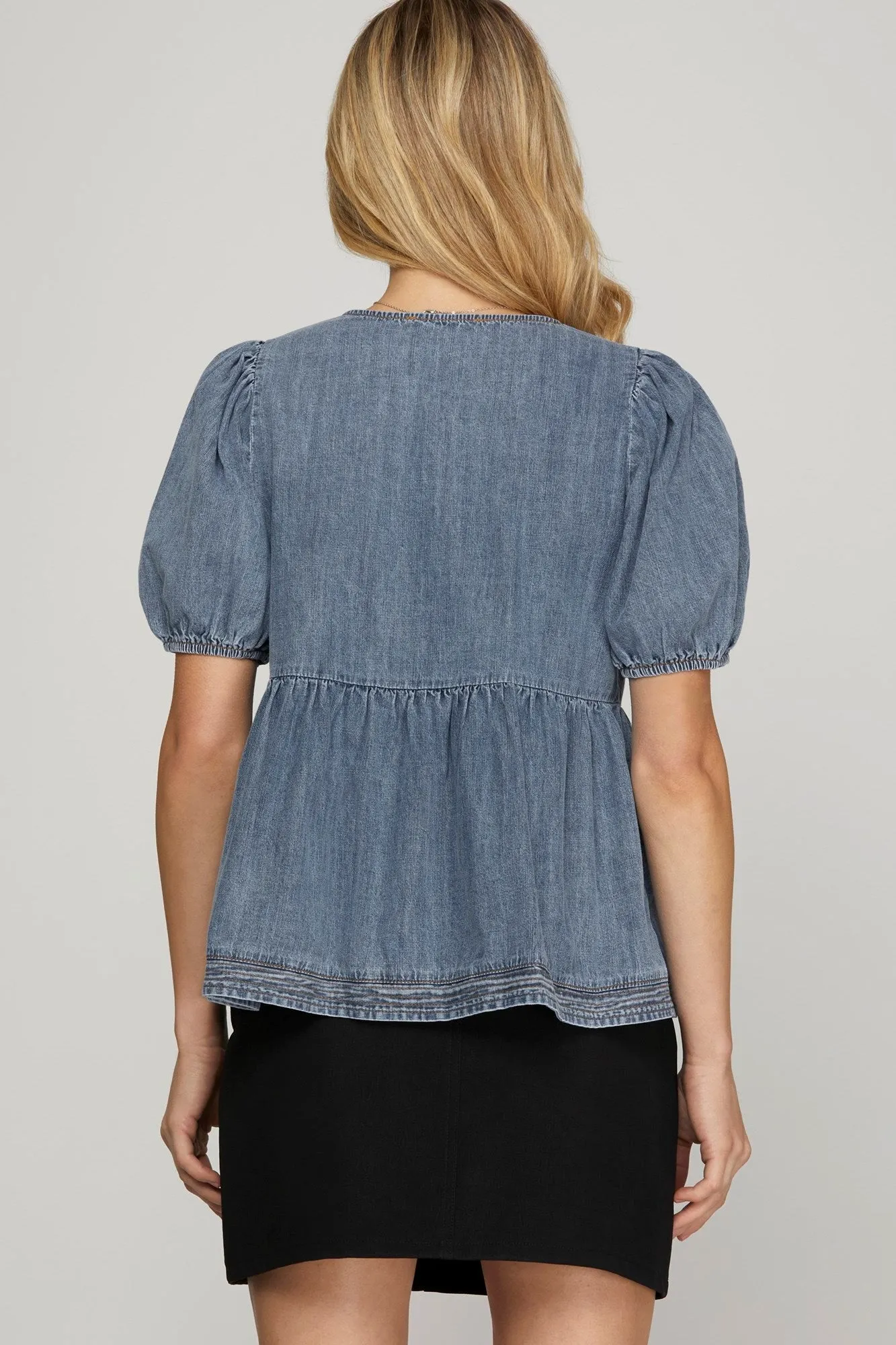 Elaina Puff Sleeve Peplum Blouse, Denim Blue