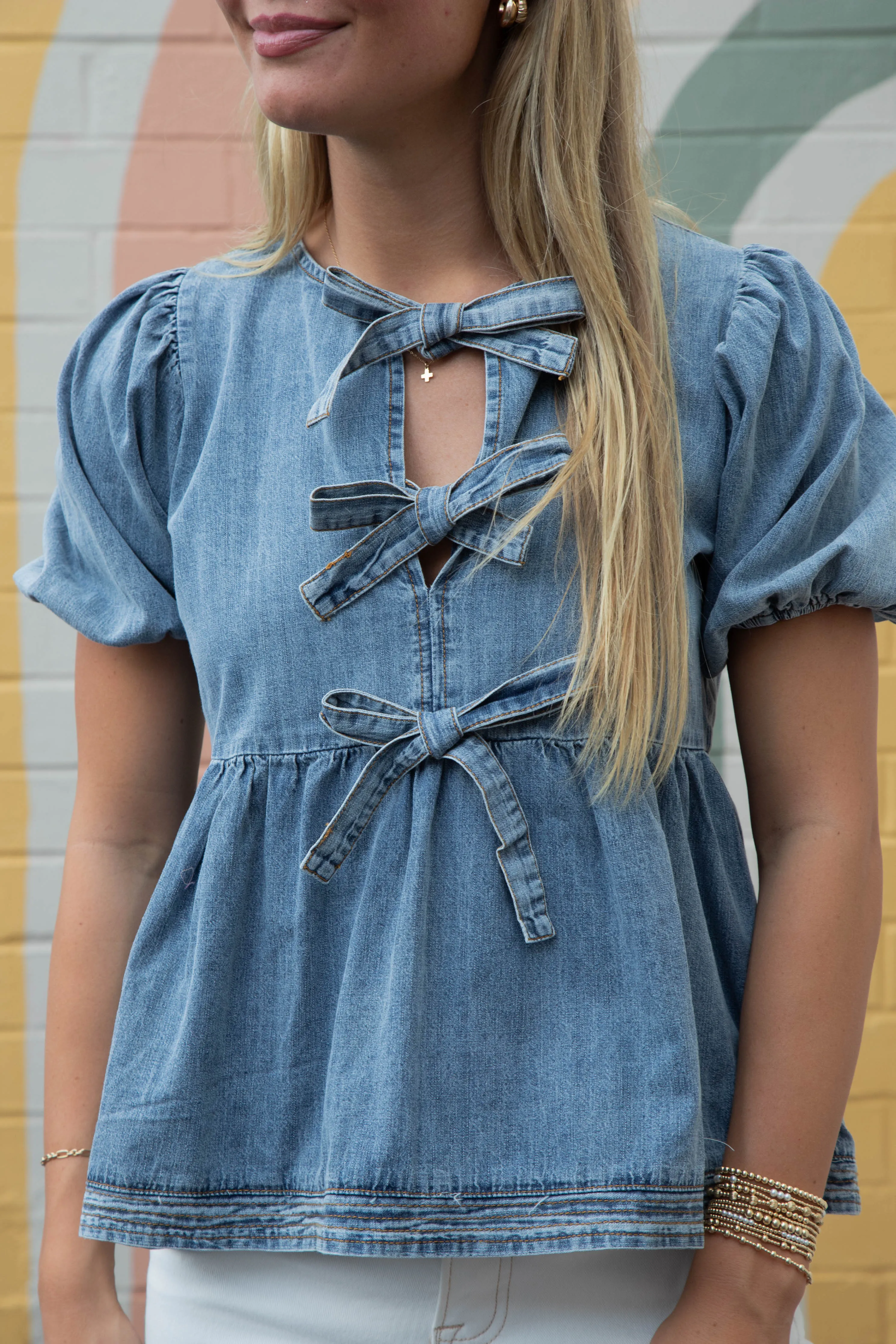 Elaina Puff Sleeve Peplum Blouse, Denim Blue