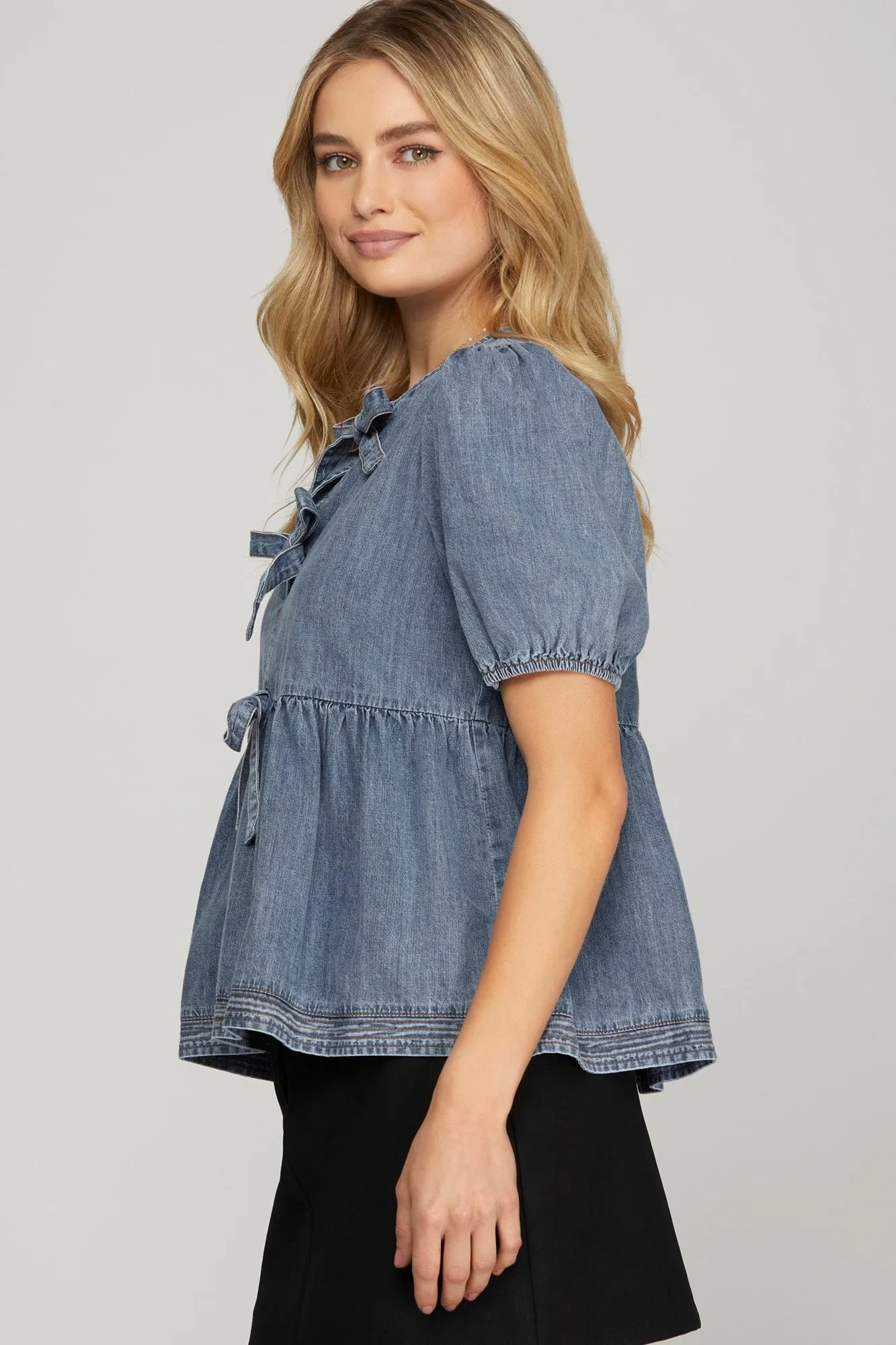 Elaina Puff Sleeve Peplum Blouse, Denim Blue