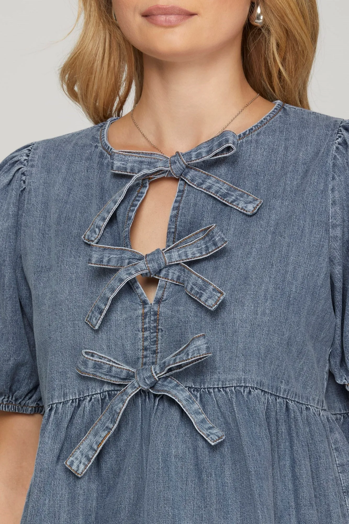 Elaina Puff Sleeve Peplum Blouse, Denim Blue