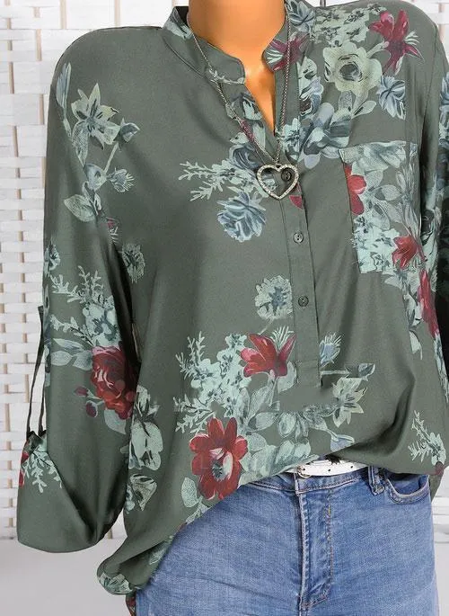 Floral Casual Stand Collar Long Sleeve Blouses