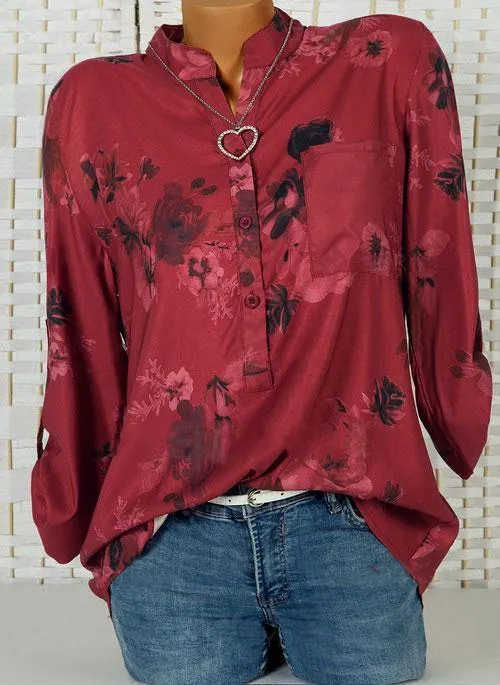 Floral Casual Stand Collar Long Sleeve Blouses