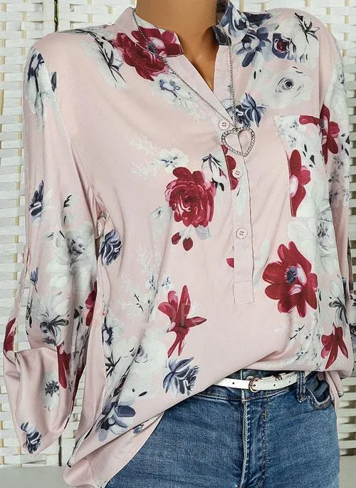 Floral Casual Stand Collar Long Sleeve Blouses