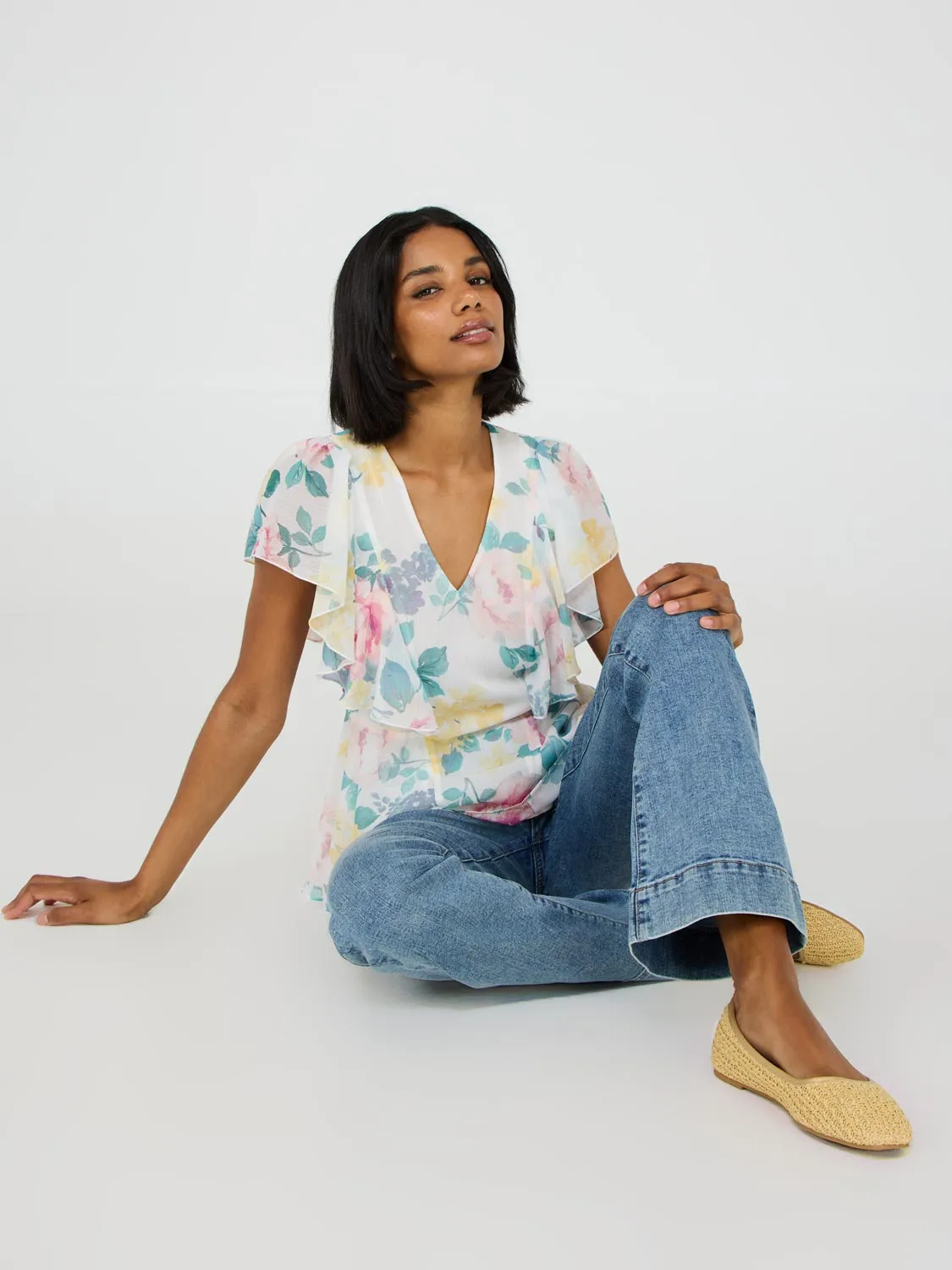 Floral Print Ruffle Sleeve Peplum Top
