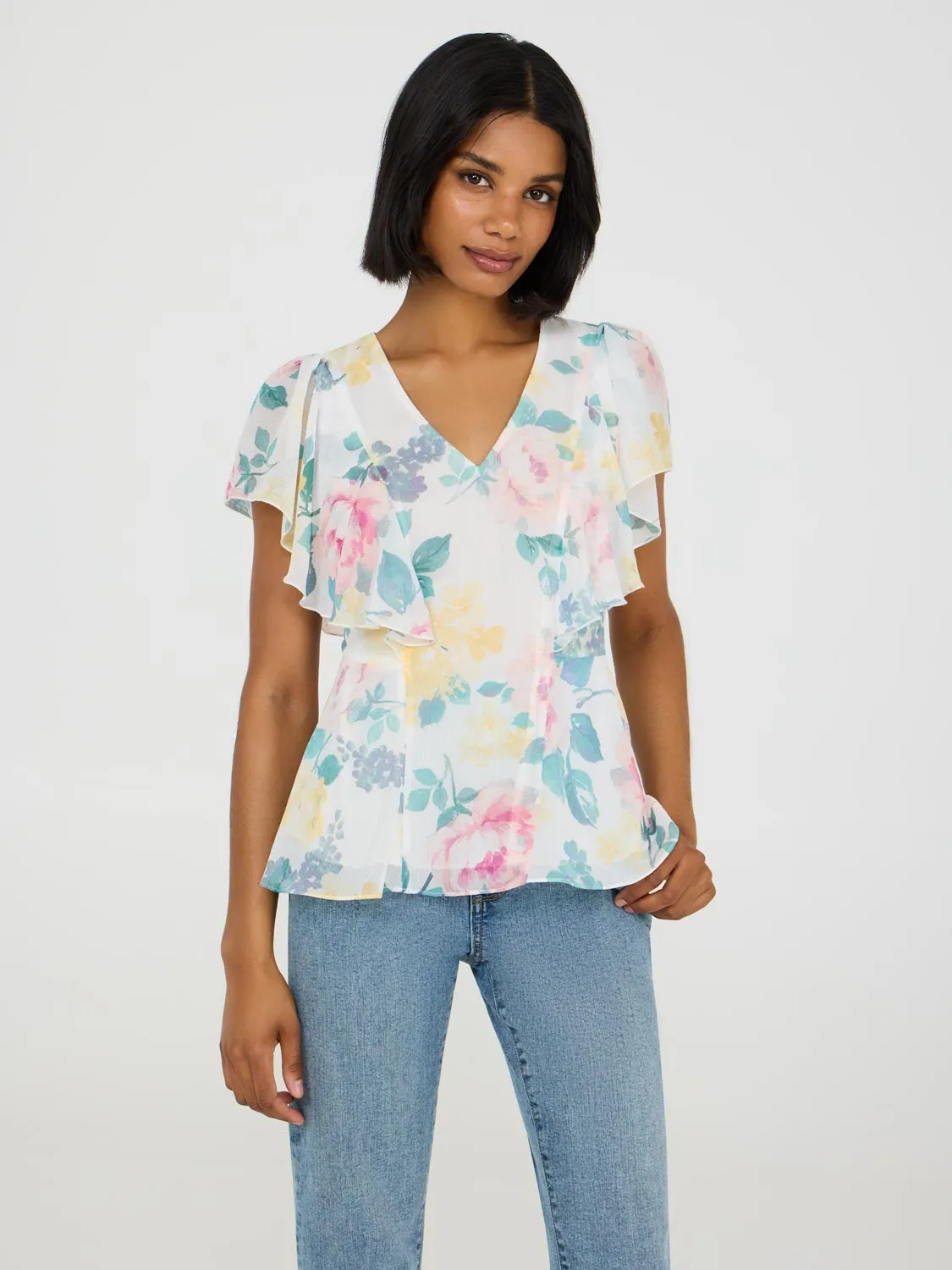 Floral Print Ruffle Sleeve Peplum Top