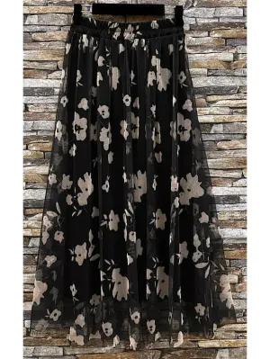 Floral Print Tulle Skirt - Black/Beige