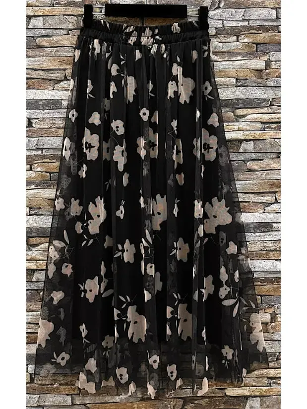 Floral Print Tulle Skirt - Black/Beige