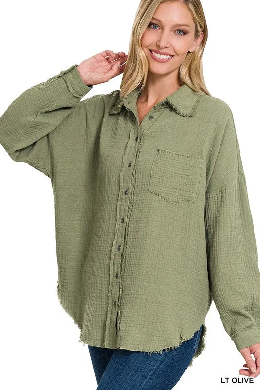 Gauze Button Up Long Sleeve Top - Final Sale*