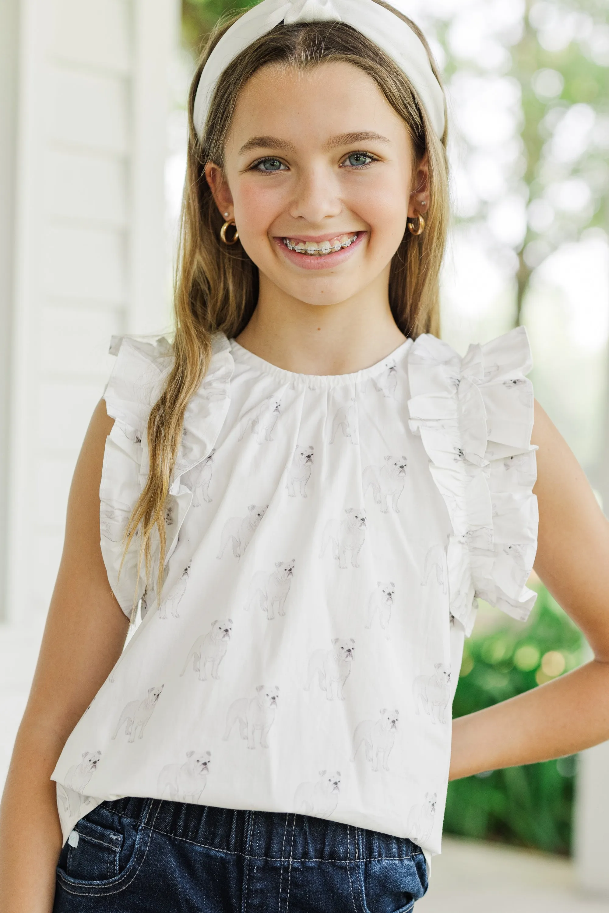 Girls: Listen To Your Heart White Bulldog Ruffled Blouse