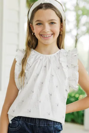 Girls: Listen To Your Heart White Bulldog Ruffled Blouse